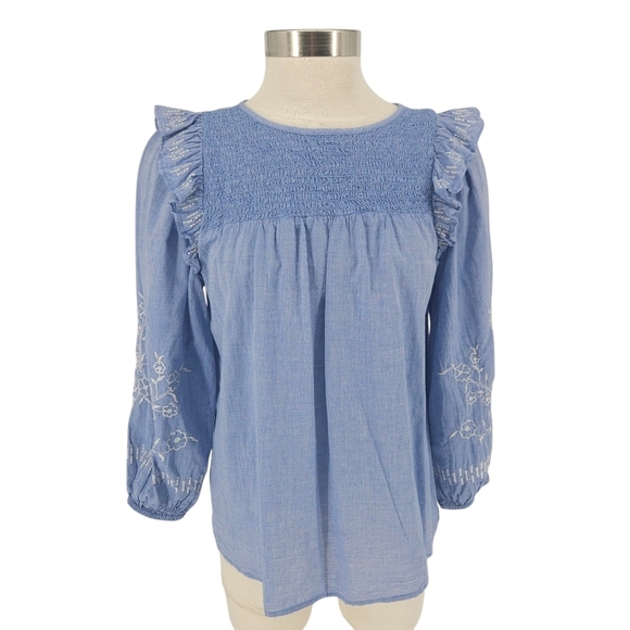 LOFT Tops - Ann Taylor LOFT Shirt Blue Floral Embroidered Ruffle Long Sleeve Smocked Medium
